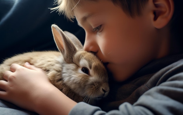 Connexion et confiance Un lapin caressé par la main d'un enfant