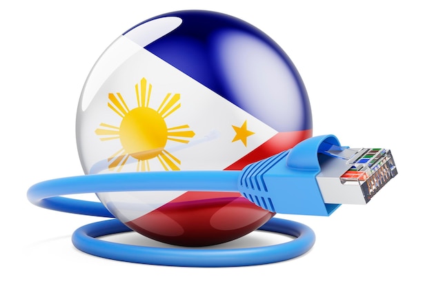 Photo connexion internet aux philippines câble lan avec rendu 3d du drapeau philippin