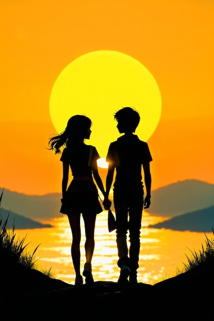 Connexion de la journée de l'amitié Trois amis dans la silhouette verticale du coucher de soleil embrassant le ciel rouge-orange