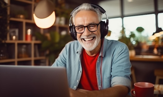 Une connexion mélodieuse La rencontre harmonieuse d'un homme et de son ordinateur portable