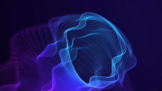 Connexion de points et de lignes sur un fond sombre Arrière-plan abstrait Arrière-plan futuriste de points et de lignes avec une vague dynamique Rendu 3d de données volumineuses