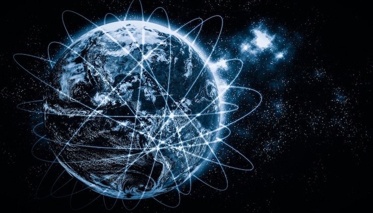 Photo connexion de réseau mondial couvrant la terre avec des lignes de perception innovante