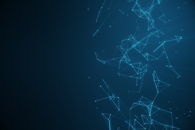 Connexion technologique forme futuriste, réseau de points bleus, fond abstrait, fond bleu, concept de réseau, communication Internet, rendu 3D