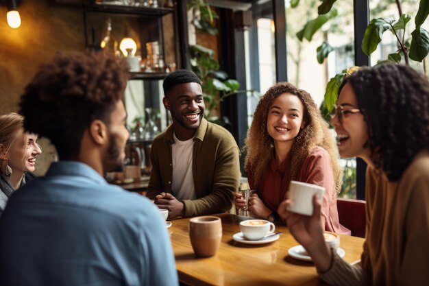 Connexions de pause-café qui embrassent la diversité et l'amitié dans un café cosmopolite