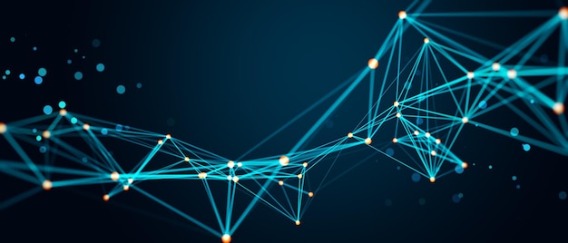 Connexions de réseau numérique abstraites formant des motifs géométriques sur un fond bleu foncé Conception conceptuelle de la technologie et de la communication Rendering 3D