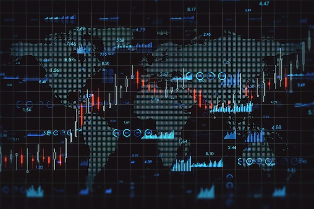 Économie mondiale et concept d'échange de devises avec chandelier numérique croissant et indicateurs financiers sur fond sombre avec rendu 3D de la carte du monde