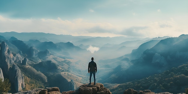 Conquérir de nouveaux sommets Un homme debout sur un paysage à couper le souffle Idéal pour l'inspiration