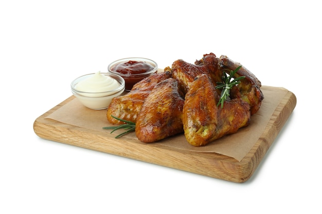 Conseil avec des ailes de poulet au four et sauces isolé sur fond blanc