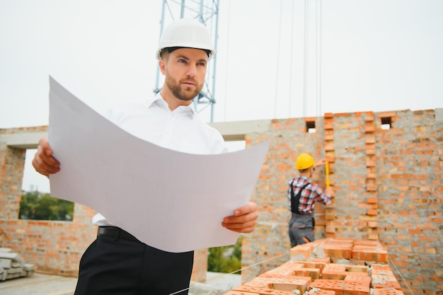 Conseil en ingénierie Personnes sur le chantier de construction tenant un plan dans sa main Inspecteur en bâtiment Dessin de vérification du chantier de construction et flux de travail d'entreprise du nouveau bâtiment