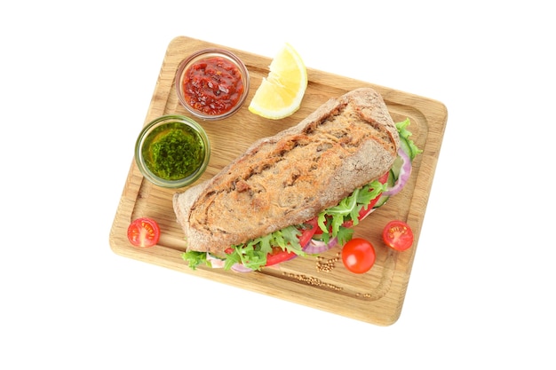 Conseil avec sandwich ciabatta et ingrédients isolés sur fond blanc