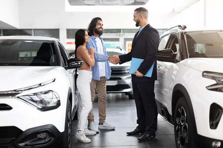 Photo le conseiller automobile discute des options de financement avec un couple indien intéressé.