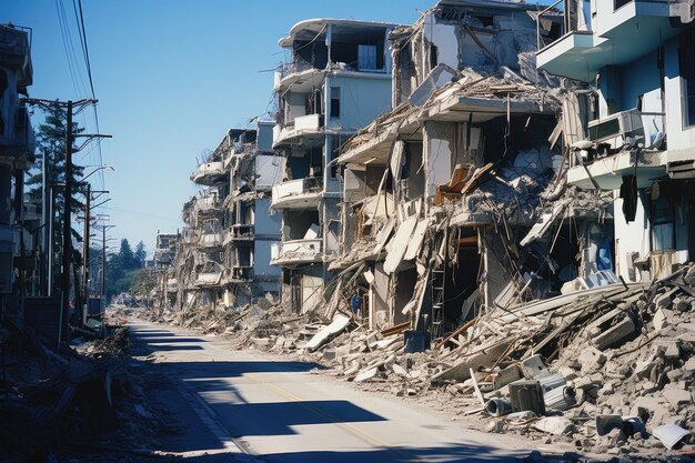 Les conséquences de l'activité sismique sont visibles révélant des bâtiments effondrés fissurés