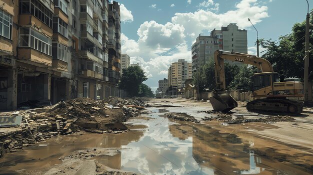 Les conséquences d'une catastrophe naturelle Une excavatrice solitaire est au milieu d'une rue détruite entourée de décombres et de débris.