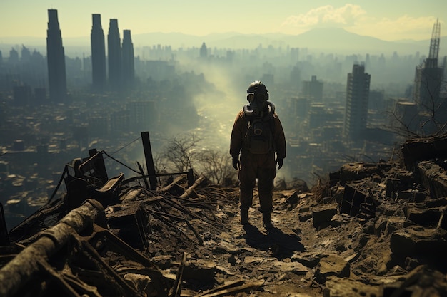 Les conséquences dévastatrices d'un événement nucléaire Un humain solitaire vêtu d'un uniforme en lambeaux et d'un masque à gaz se tient au milieu des ruines d'une ville. AI générative