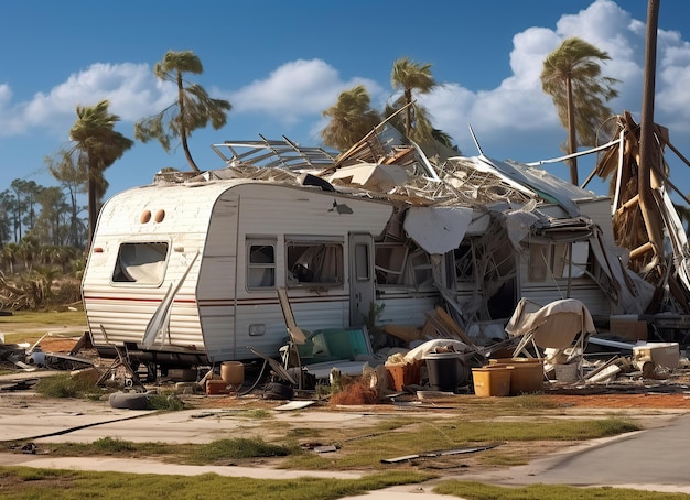 Les conséquences de l'ouragan Ian dans la zone résidentielle de Floride montrent des maisons mobiles gravement endommagées, illustrant les conséquences d'une catastrophe naturelle