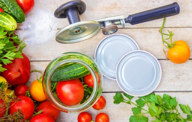 Conservation, conserves de légumes à la tomate et au concombre. Mise au point sélective.