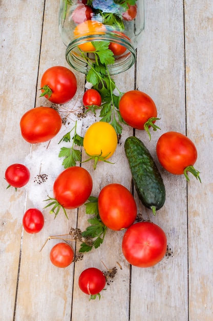 Conservation, conserves de légumes à la tomate et au concombre. Mise au point sélective.