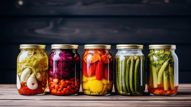 Photo conservation à domicile en conserve pour l'hiver 5 pots de verre avec des légumes en conserve zucchini concombres poivre