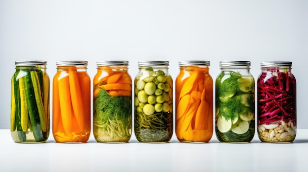 Photo conservation à la maison en conserve pour l'hiver 7 pots de verre avec des légumes en conserve concombres tomates zuc