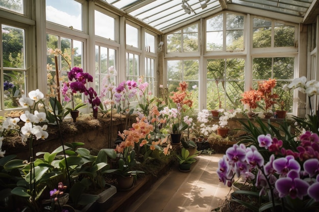 Conservatoire rempli d'orchidées en fleurs et d'autres fleurs délicates créées avec ai générative