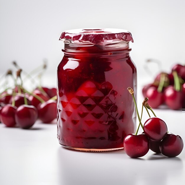 Des conserves ou des confitures de cerises faites maison dans un pot en verre entouré de cerises fraîches