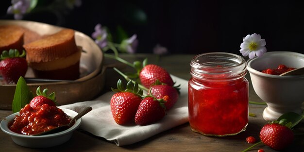 Conserves de fraises maison ou confiture dans un bocal en verre entouré de fraises biologiques fraîches générées par l'IA