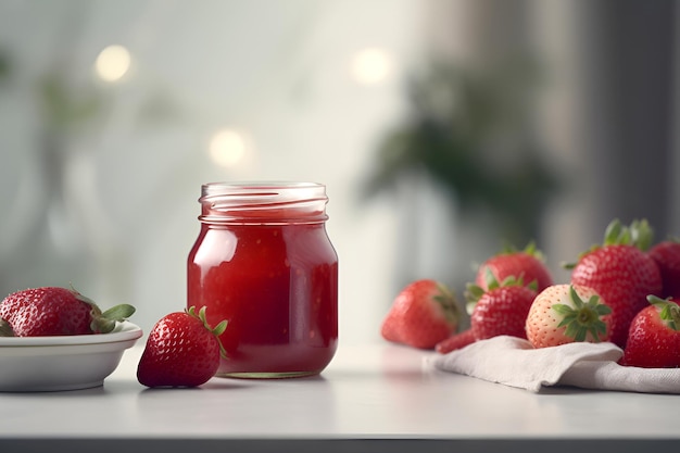 Conserves de fraises maison ou confiture dans un bocal en verre entouré de fraises biologiques fraîches générées par l'IA