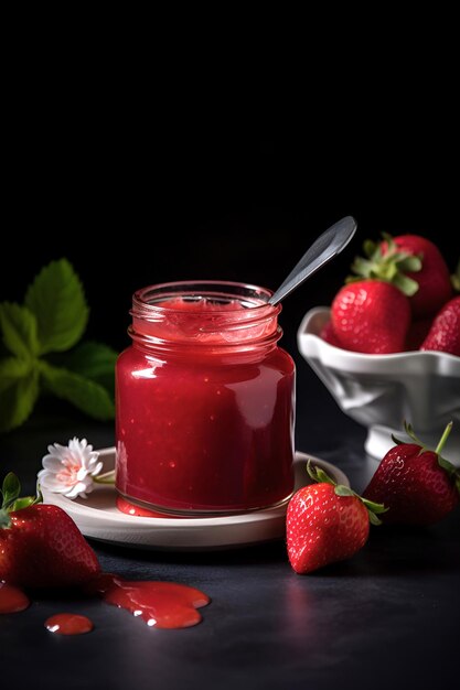 Conserves de fraises maison ou confiture dans un bocal en verre entouré de fraises fraîches générées par l'IA