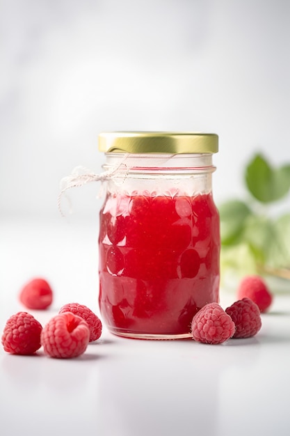 Conserves de framboises maison ou confiture dans un bocal en verre entouré de framboises fraîches générées par l'IA