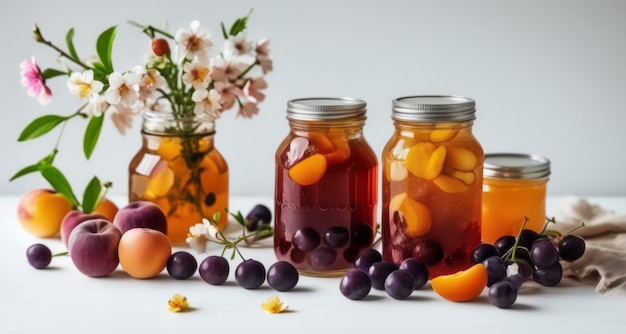 Des conserves de fruits frais dans des jarres de maçon prêt pour un pique-nique d'été