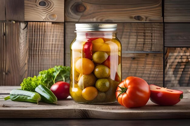 Conserves de légumes en pot sur fond de bois ancien