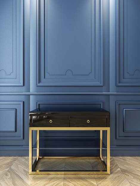 Console noire avec de l'or dans un intérieur bleu classique. Illustration de rendu 3D.