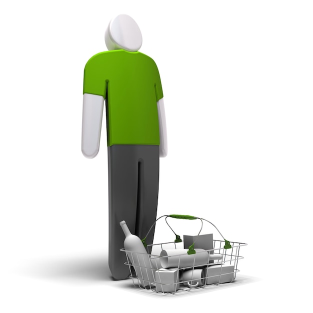 Consommateur moyen avec un t-shirt vierge vert devant un panier avec des marchandises à l'intérieur, fond blanc, rendu 3d