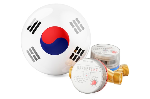 Consommation d'eau en Corée du Sud Compteurs d'eau avec drapeau sud-coréen rendu 3D isolé sur fond blanc