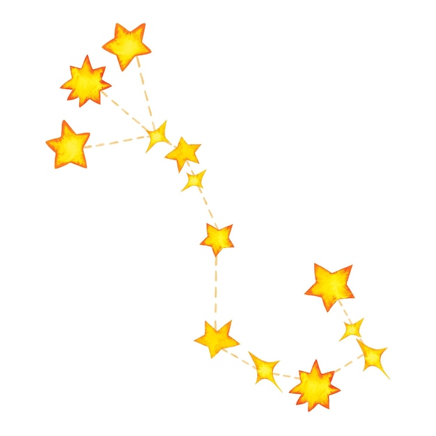 Constellation du Scorpion Aquarelle Signe du zodiaque Étoiles jaunes Illustration dessinée à la main isolée