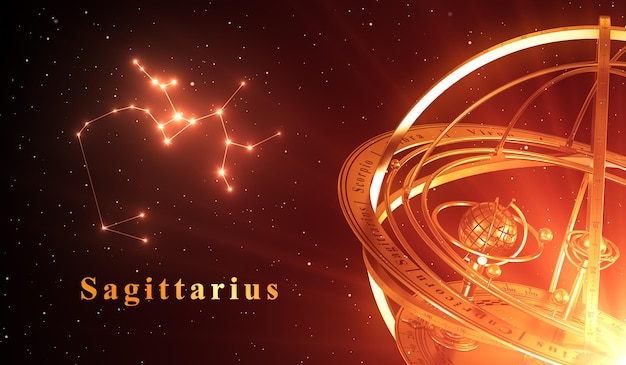 Constellation du zodiaque Sagittaire et sphère armillaire sur fond rouge