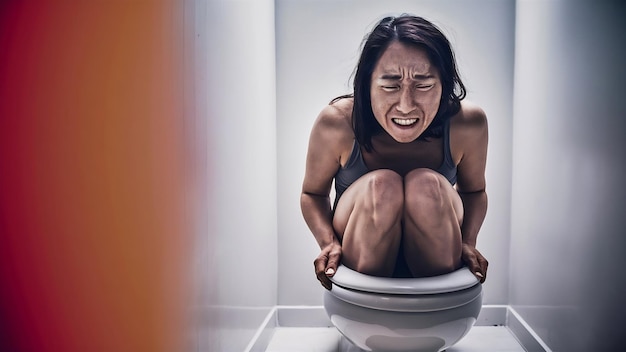 Photo constipation une femme assise près du bol de toilette sur un fond blanc