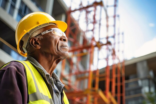 Un constructeur âgé à la peau noire portant un casque et des lunettes de sécurité sur un chantier de construction