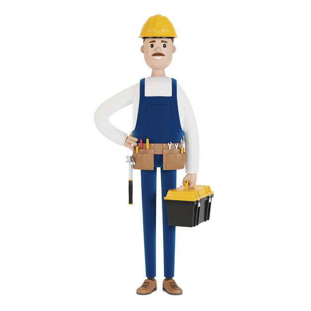 Un constructeur avec un casque et une boîte à outils. Ouvrier du batiment. Illustration 3D en style cartoon.