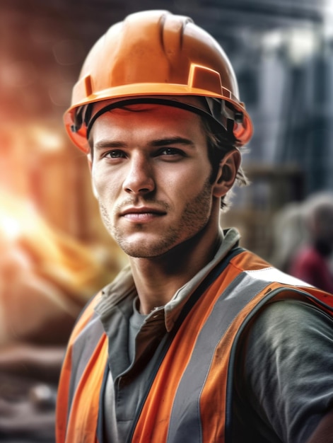 Constructeur en casque et gilet prenant un selfie sur un chantier de construction