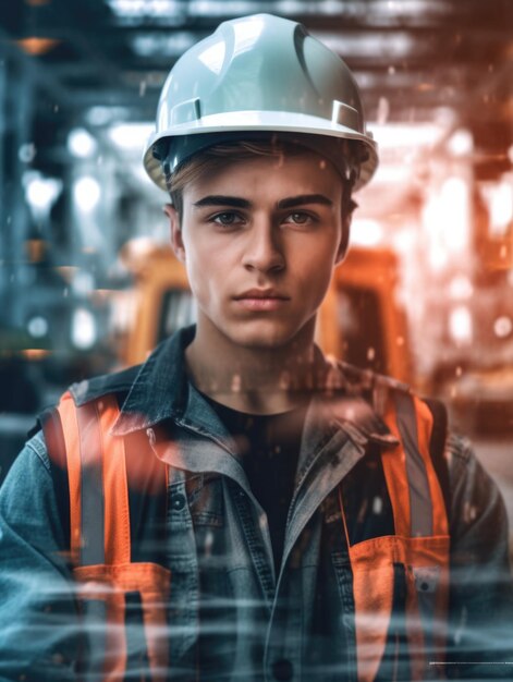 Constructeur en casque et gilet prenant un selfie sur un chantier de construction