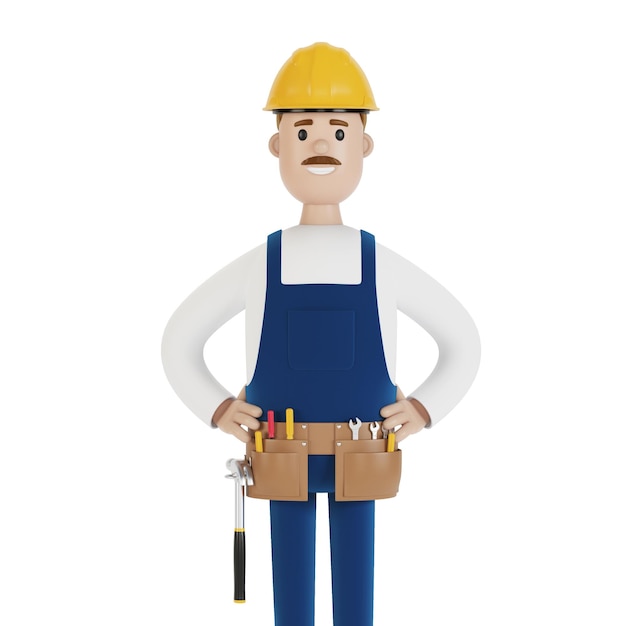 Le constructeur dans un casque et avec des outils Travailleur de la construction Illustration 3D en style cartoon