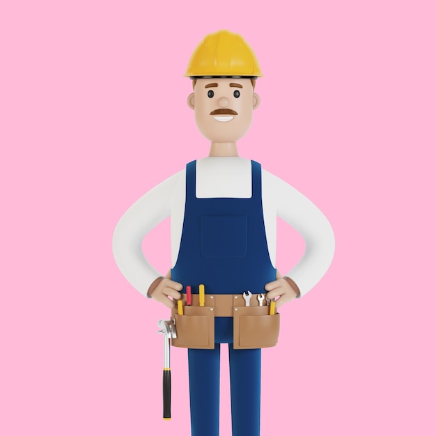 Le constructeur dans un casque et avec des outils Travailleur de la construction Illustration 3D en style cartoon