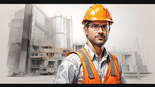 Un constructeur dans une construction avec un gilet et un casque orange avec autre sécurité