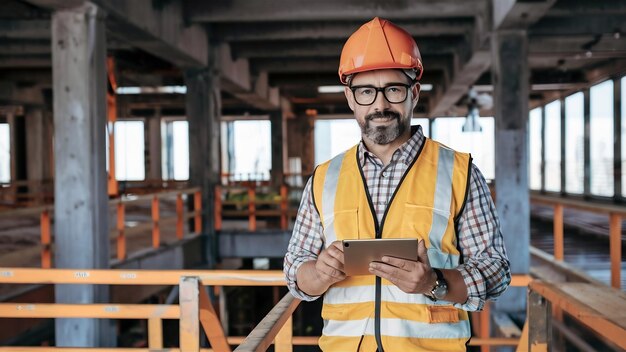 Le constructeur dans un gilet de construction et un casque orange avec tablette