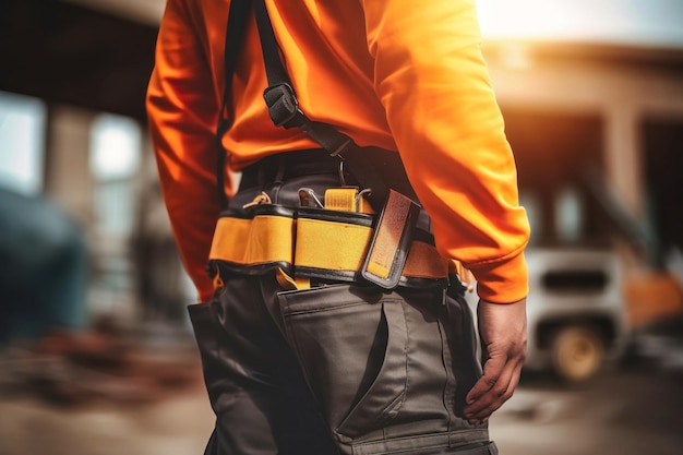 Un constructeur portant une chemise orange tient une ceinture d'outils prête à travailler