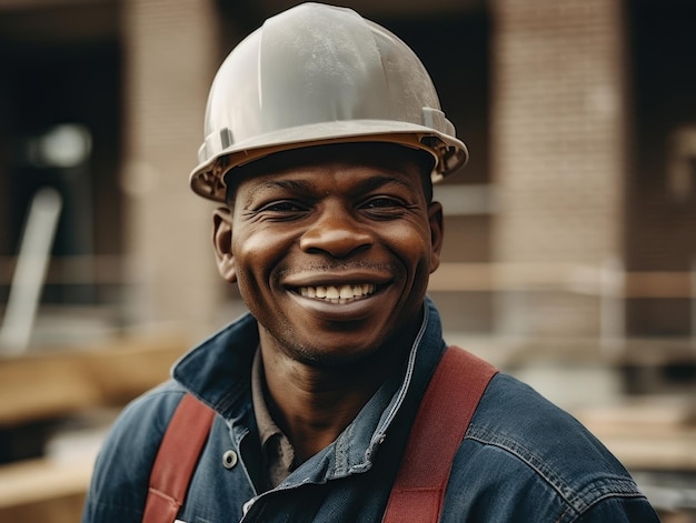 Constructeur souriant dans un casque sur un chantier de construction