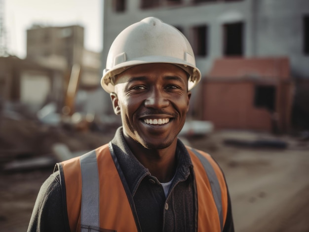 Constructeur souriant dans un casque sur un chantier de construction