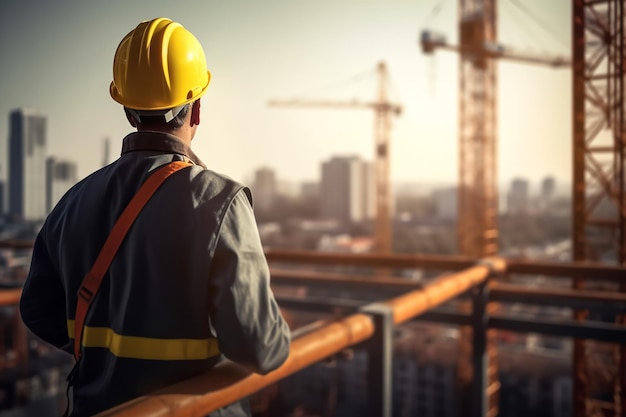 un constructeur travaillant dans un casque de protection se tient sur le fond d'un chantier de construction ou d'un site industriel vue arrière journée de travail IA générative