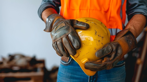 Un constructeur en uniforme portant des jeans et des gants tenant un casque à la main